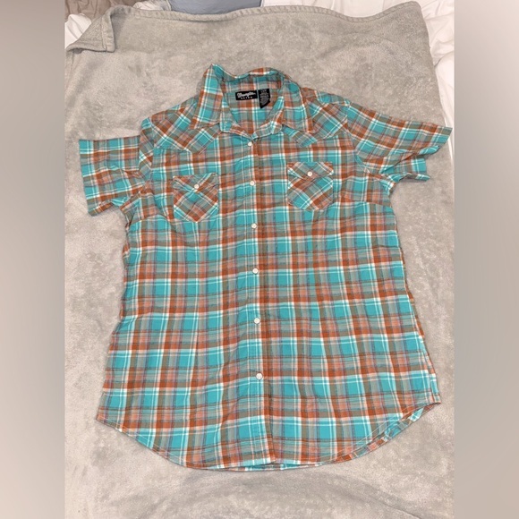 Wrangler Blue and Brown Casual Pearl Snap Shirt - Picture 1 of 3